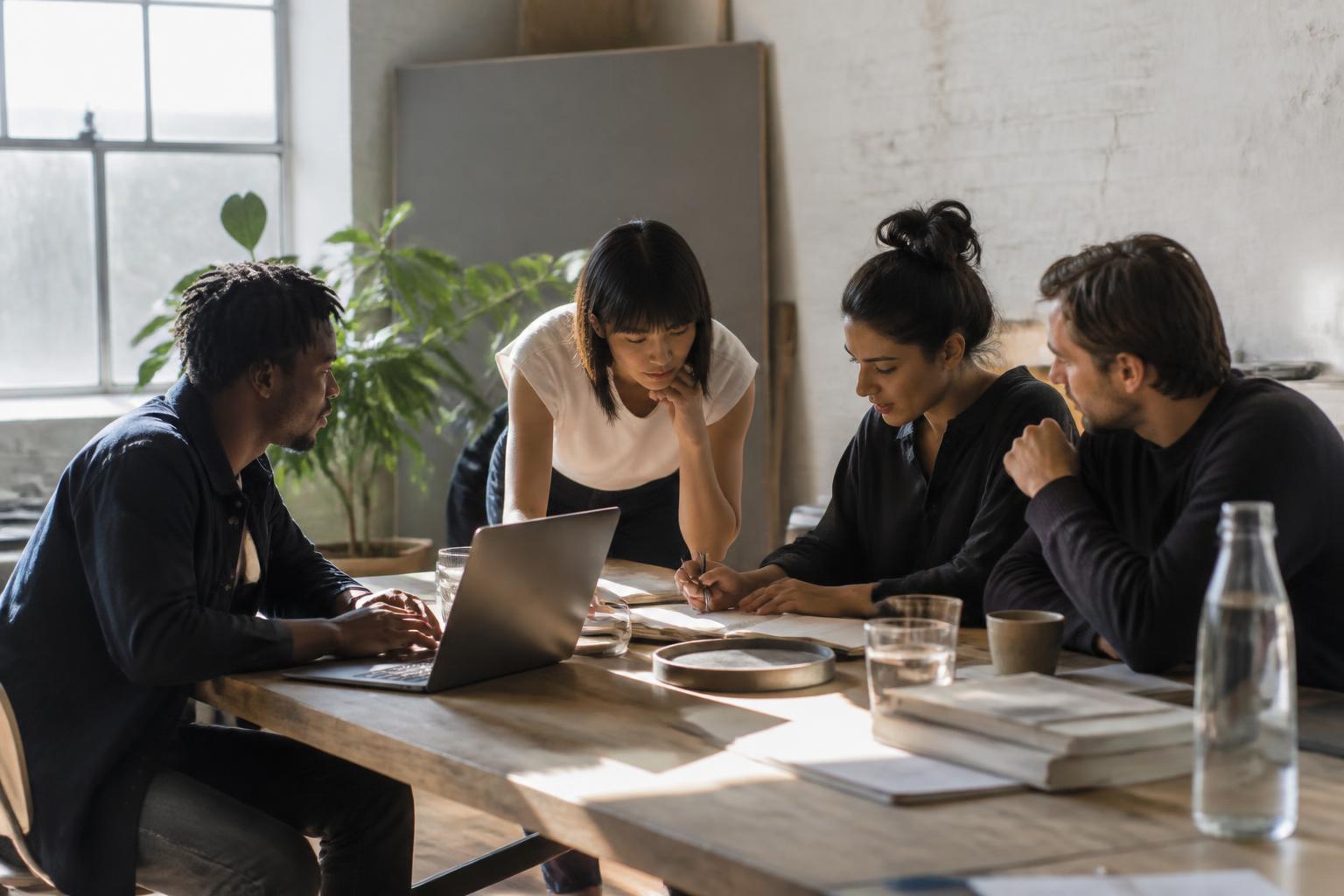 A small team collaborating around a table in a sunlit studio